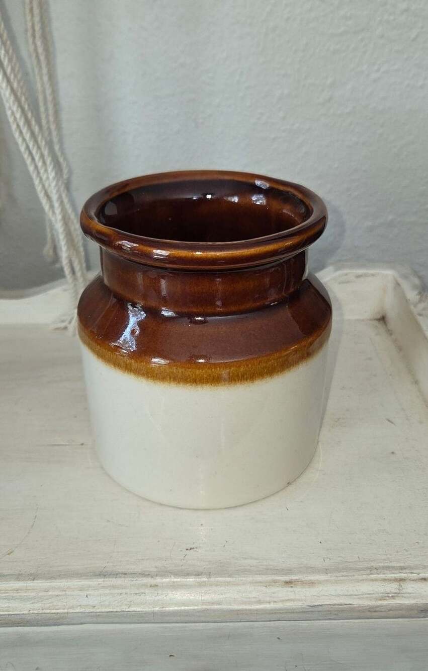 Vintage Burnham & Morrill Co B&M Brown and White Glazed Stoneware Bean Pot Crock
